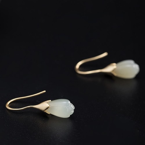 925 Sterling Silver Hetian Jade Magnolia Abundance Earrings 925 Sterling Silver Hetian Jade Magnolia Abundance Earrings