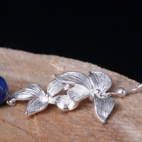 925 Sterling Silver Lazurite Ethnic Flower Earrings