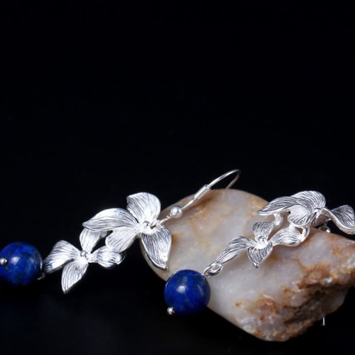 925 Sterling Silver Lazurite Ethnic Flower Earrings
