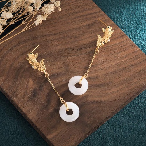 FengShui Koi White Jade Fortune Earrings