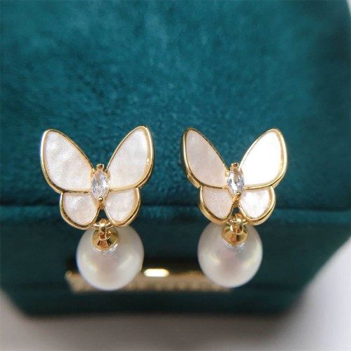 925 Sterling Silver 18K Gold Copper Pearl Butterfly Optimism Stud Earrings
