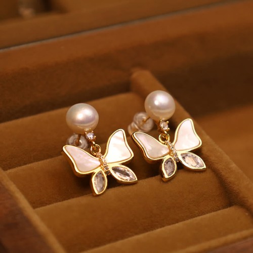 18K Gold-Plated Copper Shell Pearl Butterfly Stud Earrings