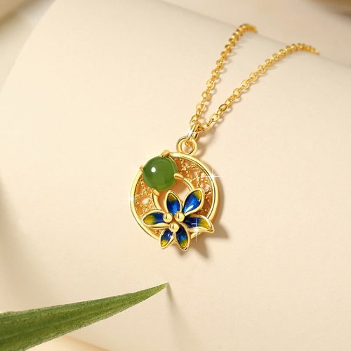 925 Sterling Silver Hetian Cyan Jade Flower Luck Jewelry Set