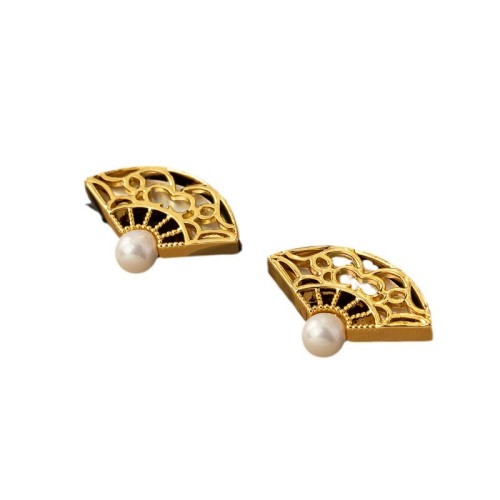 925 Sterling Silver Fan Pattern Pearl Copper Wisdom Stud Earrings