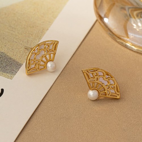 925 Sterling Silver Fan Pattern Pearl Copper Wisdom Stud Earrings