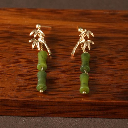 925 Sterling Silver Gold-Plated Peridot Bamboo Leaf Drop Earrings