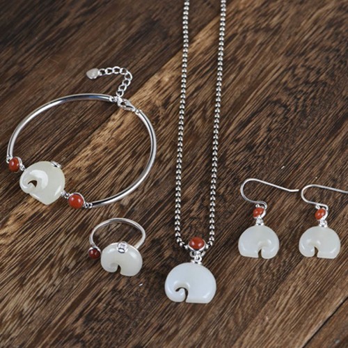 925 Sterling Silver Elephant Hetian Jade Abundance Jewelry Set