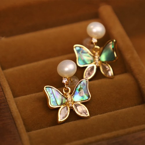 18K Gold-Plated Copper Shell Pearl Butterfly Stud Earrings