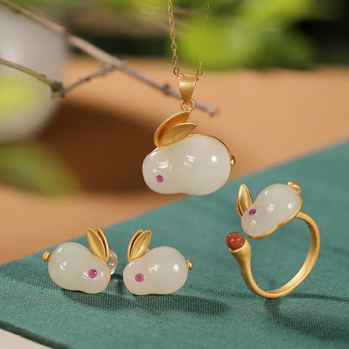 925 Silver Year of the Rabbit Hetian Jade Luck Set 925 Silver Year of the Rabbit Hetian Jade Luck Set