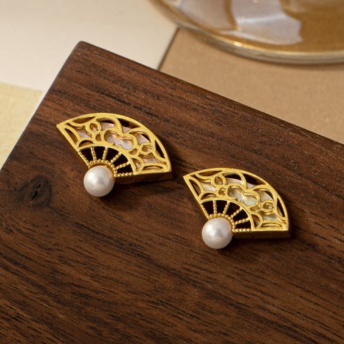 925 Sterling Silver Fan Pattern Pearl Copper Wisdom Stud Earrings