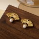 925 Sterling Silver Fan Pattern Pearl Copper Wisdom Stud Earrings