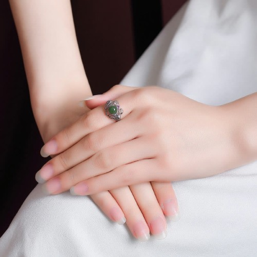 925 Silver Hetian Cyan Jade Hollow Luck Ring Earrings Set