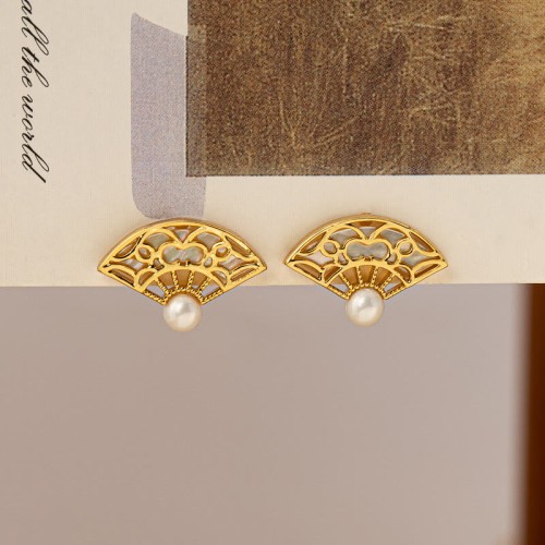 925 Sterling Silver Fan Pattern Pearl Copper Wisdom Stud Earrings