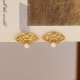 925 Sterling Silver Fan Pattern Pearl Copper Wisdom Stud Earrings
