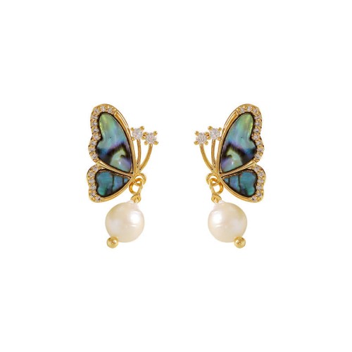 18K Gold-Plated Copper Pearl Butterfly Love Stud Earrings 18K Gold-Plated Copper Pearl Butterfly Love Stud Earrings