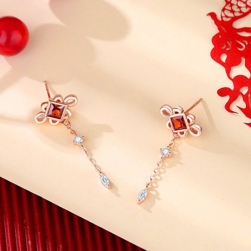 925 Sterling Silver Chinese Knotting Red Zircon Wealth Jewelry Set