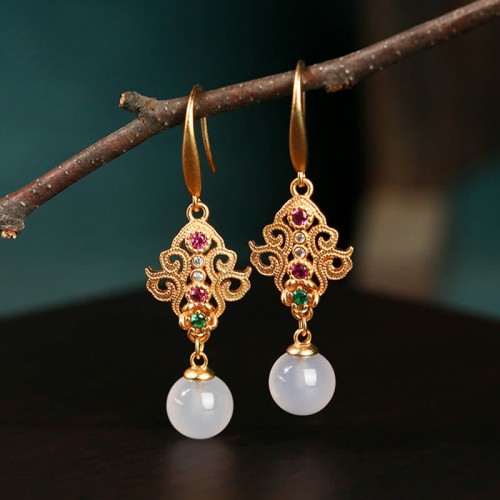 24K Gold Plated Round Chalcedony Positive Earrings 24K Gold Plated Round Chalcedony Positive Earrings