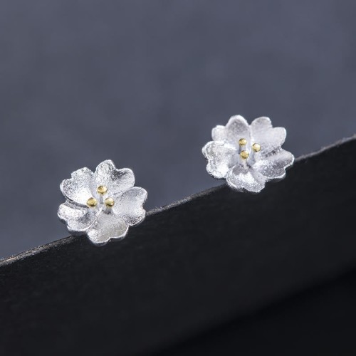 925 Sterling Silver Cherry Blossoms Floral Calm Stud Earrings