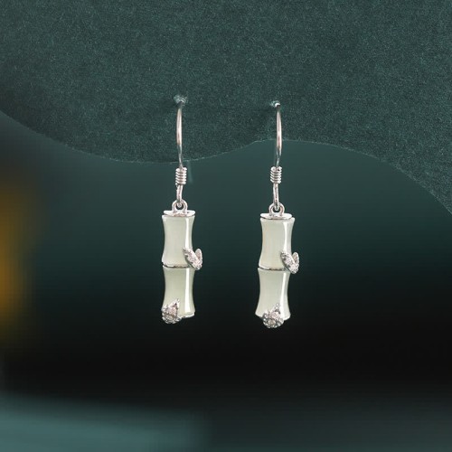 925 Sterling Silver Hetian Jade Cat Eye Bamboo Luck Drop Earrings 925 Sterling Silver Hetian Jade Cat Eye Bamboo Luck Drop Earrings