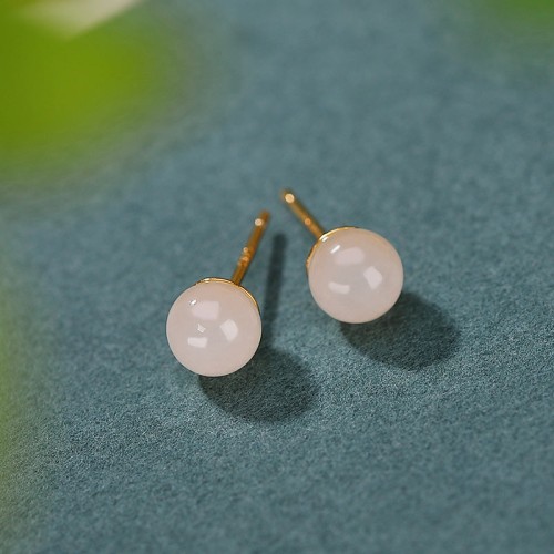 925 Sterling Silver Round White Jade Blessing Stud Earrings