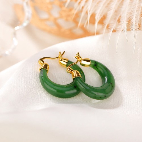925 Sterling Silver Gold-Plated Hetian Cyan Jade Luck Drop Earrings 925 Sterling Silver Gold-Plated Hetian Cyan Jade Luck Drop Earrings