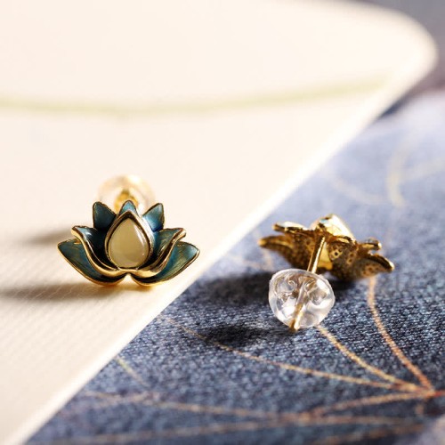 925 Sterling Silver Hetian Cyan Jade Lotus Flower Earrings