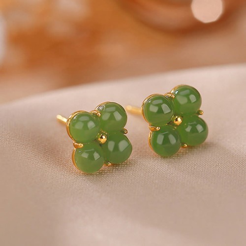 925 Sterling Silver Gold-Plated Cyan Jade Four Leaf Clover Luck Earrings 925 Sterling Silver Gold-Plated Cyan Jade Four Leaf Clover Luck Earrings