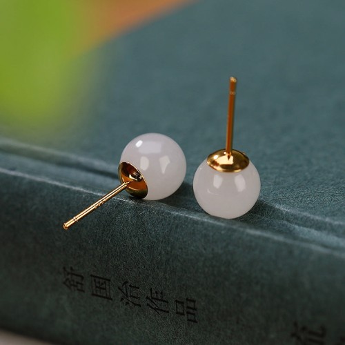 925 Sterling Silver Round White Jade Blessing Stud Earrings