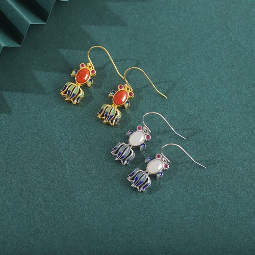 925 Sterling Silver Hetian White Jade Red Agate Fish Happiness Earrings