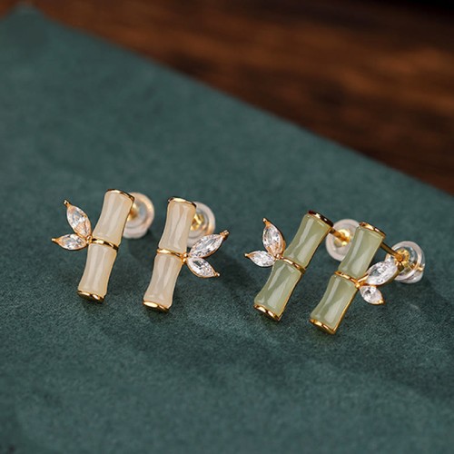 925 Sterling Silver Hetian Cyan Jade Bamboo Luck Stud Earrings