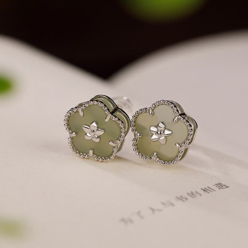 925 Sterling Silver Hetian Jade Plum Flower Luck Stud Earrings