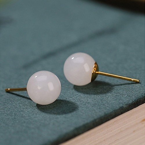 925 Sterling Silver Round White Jade Blessing Stud Earrings
