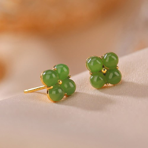 925 Sterling Silver Gold-Plated Cyan Jade Four Leaf Clover Luck Earrings 925 Sterling Silver Gold-Plated Cyan Jade Four Leaf Clover Luck Earrings