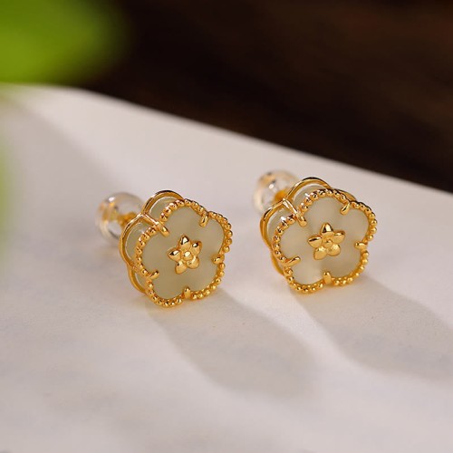 925 Sterling Silver Hetian Jade Plum Flower Luck Stud Earrings