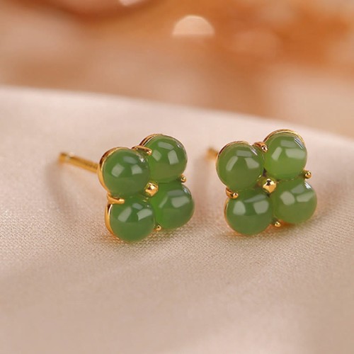 925 Sterling Silver Gold-Plated Cyan Jade Four Leaf Clover Luck Earrings 925 Sterling Silver Gold-Plated Cyan Jade Four Leaf Clover Luck Earrings