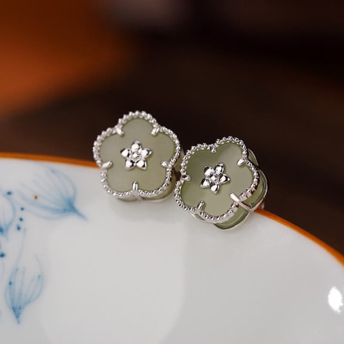 925 Sterling Silver Hetian Jade Plum Flower Luck Stud Earrings