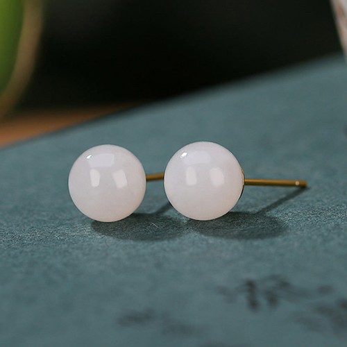 925 Sterling Silver Round White Jade Blessing Stud Earrings