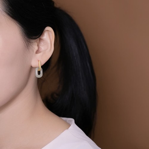 925 Silver Round White Jade Happiness Earrings
