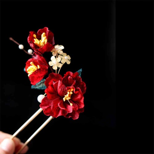 Chinese Red Camellia Butterfly Hairpin