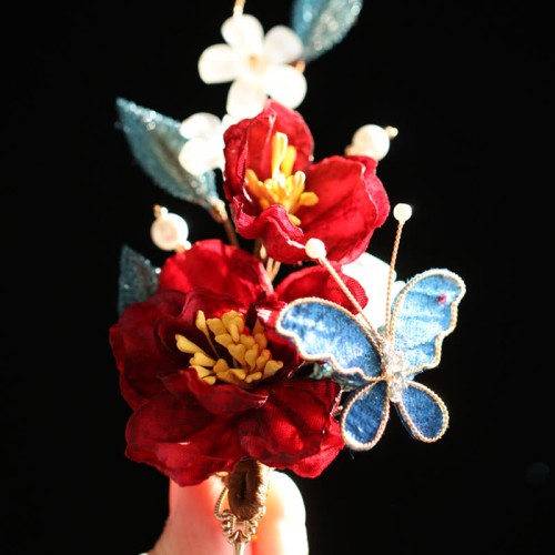 Chinese Red Camellia Butterfly Hairpin