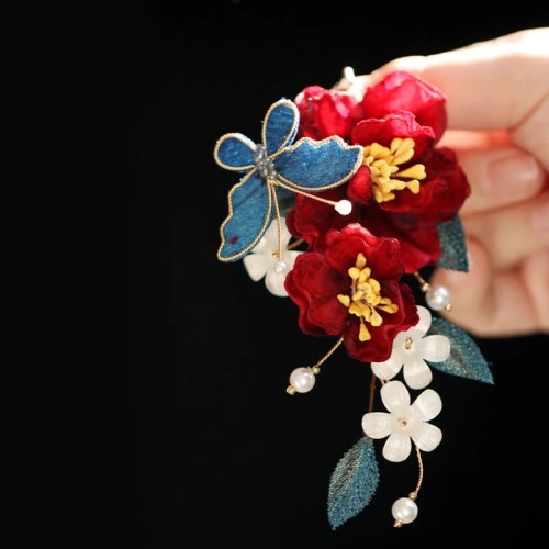 Chinese Red Camellia Butterfly Hairpin