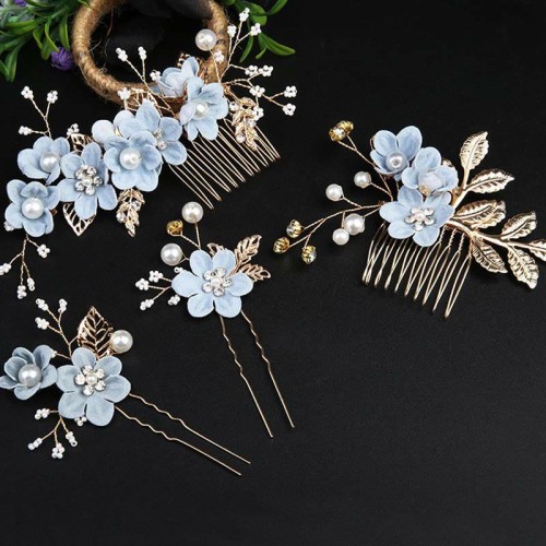 4Pcs Wedding Golden Leaf Pearl Hairpin Set