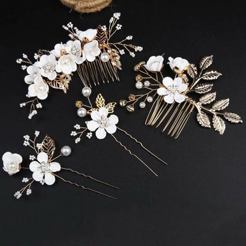 4Pcs Wedding Golden Leaf Pearl Hairpin Set