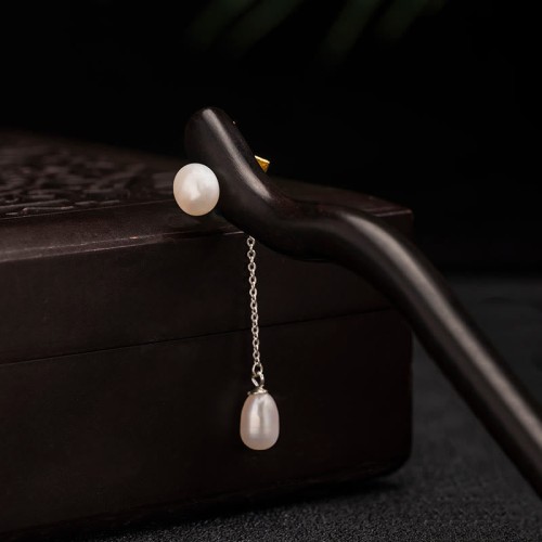925 Silver Ebony Lotus Flower Pearl Hairpin