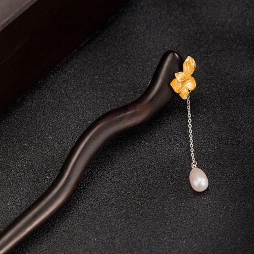 925 Silver Ebony Lotus Flower Pearl Hairpin