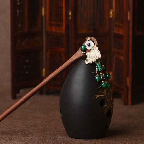 Red Sandalwood Green Agate Protection Hairpin