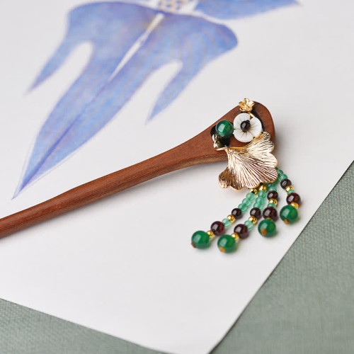 Red Sandalwood Green Agate Protection Hairpin