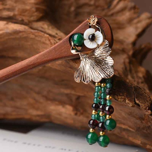 Red Sandalwood Green Agate Protection Hairpin