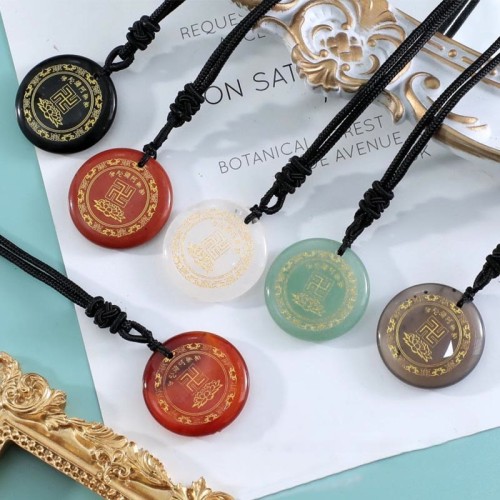 Swastika Lotus Crystal Obsidian Purification Necklace Pendant