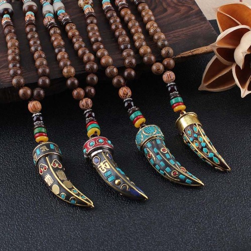 Tibetan Wenge Wood Om Mani Padme Hum Protection Necklace
